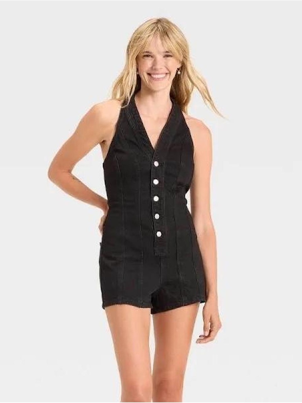 Universal Thread Black Sleeveless Denim Romper with Button Front